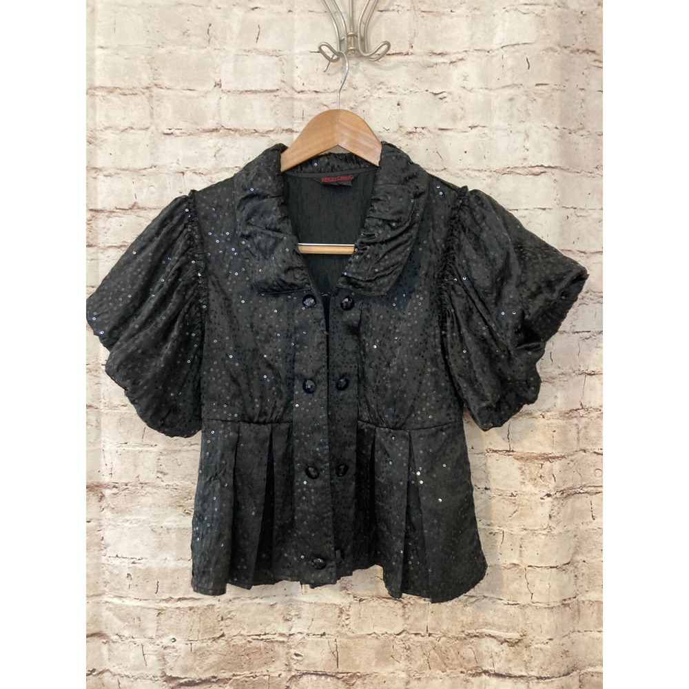 Simon Chang Top Womens 6 Black Satin Sequin Button Front Puff Sleeve Babydoll